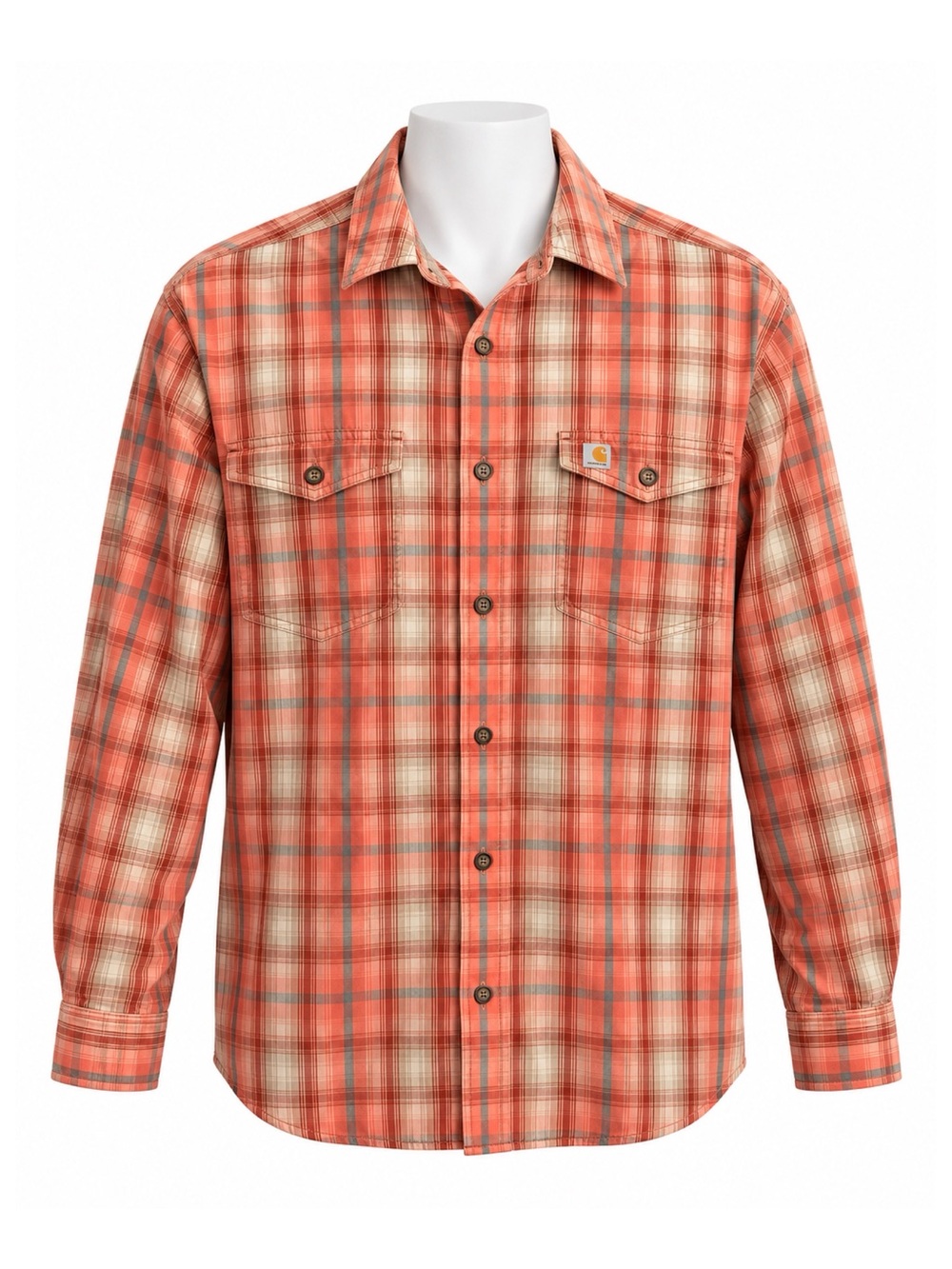 Size 2XL Carhartt Men’s Relaxed Fit Long Sleeve Plaid Button Front Shirt Orange